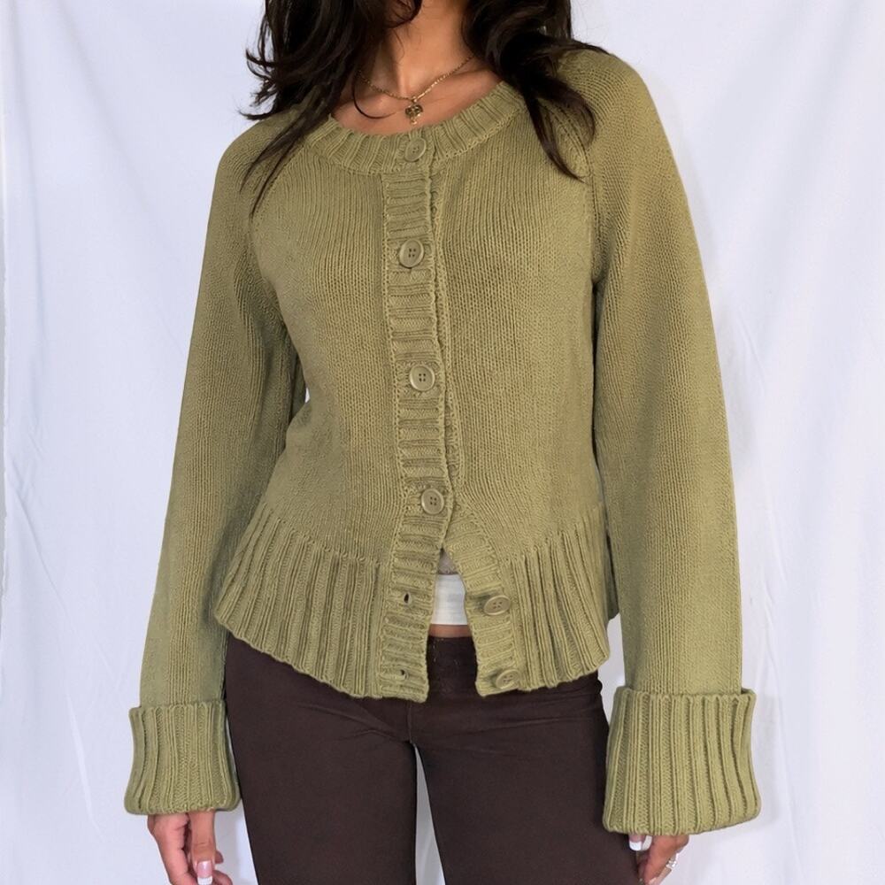 Y2K Rue21 Sage Green 100% Cotton Chunky Knit Button Cardigan Size XL